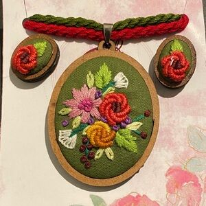 Floral Embroidered Pendant and Earrings Set